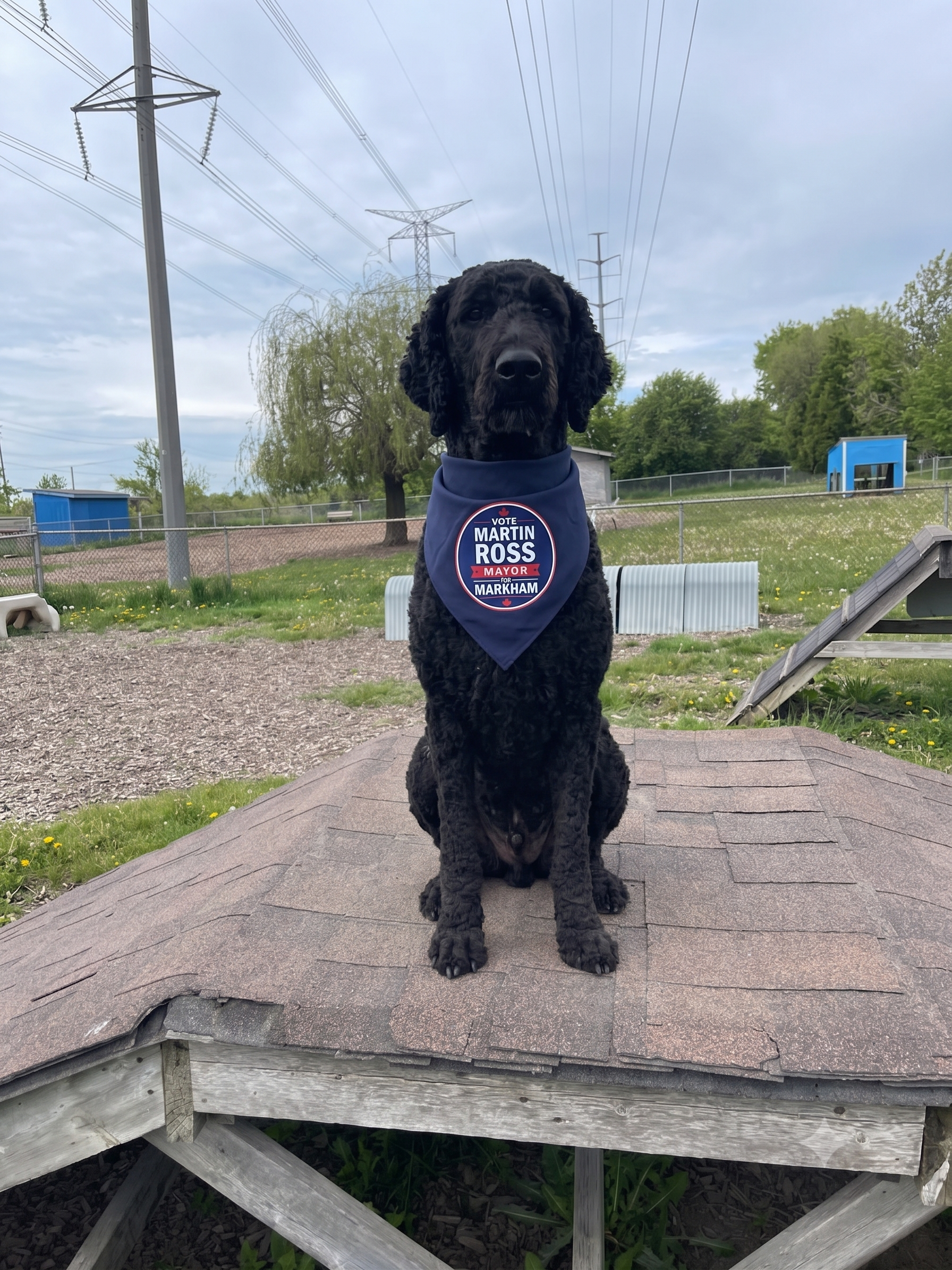 Brady the dog, wearing a Vote Martin Ross Mayor for Markham bandana